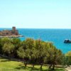 Un castello su un'isola vicino al mare limpido, con alberi verdi in primo piano.