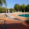 Piscina circondata da lettini e ombrelloni a righe bianche e blu.