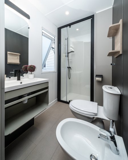 Bagno moderno con doccia e bidet.