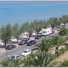 Strada costiera con palme, vista mare e traffico di auto e camper.