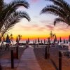 Sentiero di palme al tramonto verso il mare con ombrelloni.