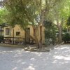 Casetta tra alberi con veranda e tavolo.