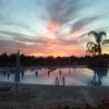 Piscina al tramonto con palme sullo sfondo.