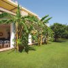Veranda con sedie circondata da piante tropicali e prato verde.