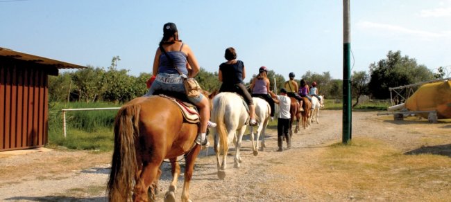 Persone a cavallo su un sentiero.