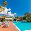 Piscina con sdraio e palme sotto un cielo blu.