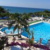 Piscina affollata con vista mare, circondata da lettini, palme e fiori.
