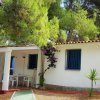 Piccola casa bianca in un giardino, con veranda e piante circostanti.